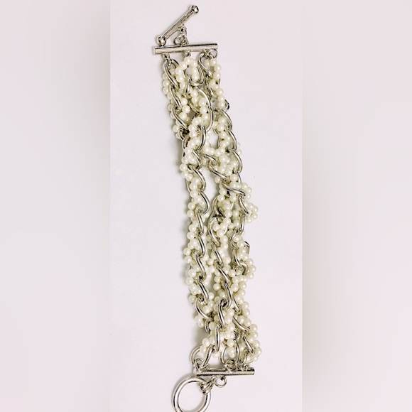 Silver Tone Faux Pearl Braided Bracelet - Picture 2 of 6